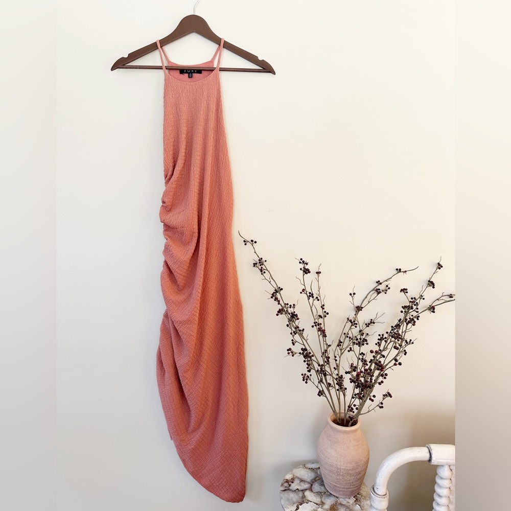 FORE Halter Ruched Midi Dress, Clay